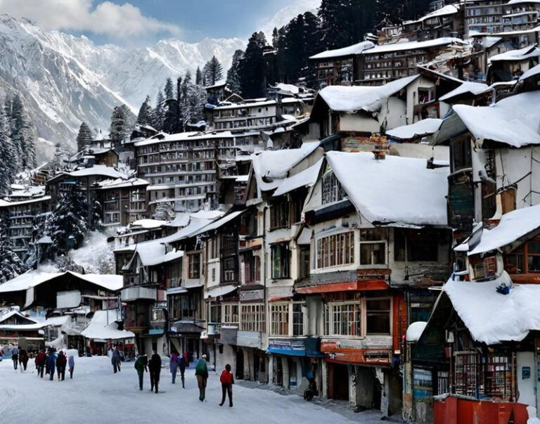 A picturesque snowy mountain town with numerous buildings and people strolling along the street.